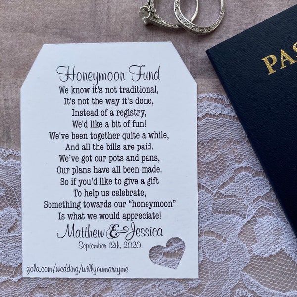 Honeymoon Fund Invitation Insert for Bridal Shower or Wedding- White, Silver or Recycled Brown - CAN BE CUSTOMIZED