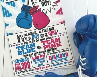 May include: Gender reveal party invitation with blue and pink boxing gloves and the text "It's a Gender Reveal Knock Out!". The invitation includes event details: date, time, location, and attire instructions. A blue boxing glove is in the foreground.