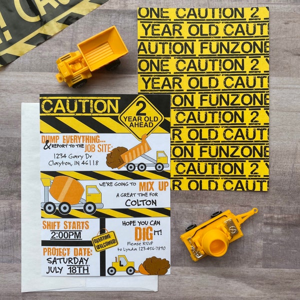 Construction Party, CAUTION 2 year old Second Birthday or any AGE Birthday Party Invite, Birthday Party Invite