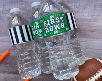 First Year Down, Football themed, referee water bottle or apple juice labels SET of 12