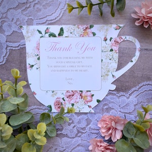 Tarjetas de agradecimiento Tea Party: tarjeta de agradecimiento en forma de taza de té que incluye sobres blancos y su mensaje personal