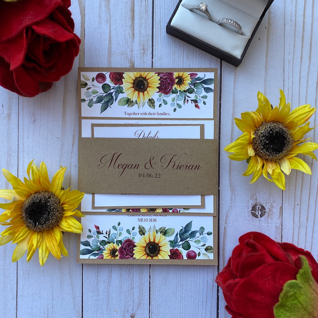 Invitaciones de boda rústicas de girasol y rosa con banda para el vientre -  Etsy México, image size:1080x1080