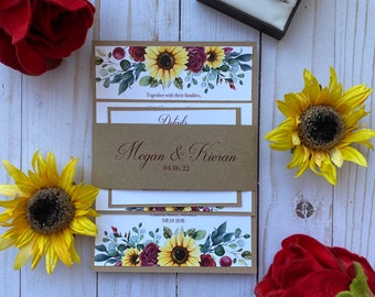 Rustic Sunflower & Rose Wedding Invitations with belly band