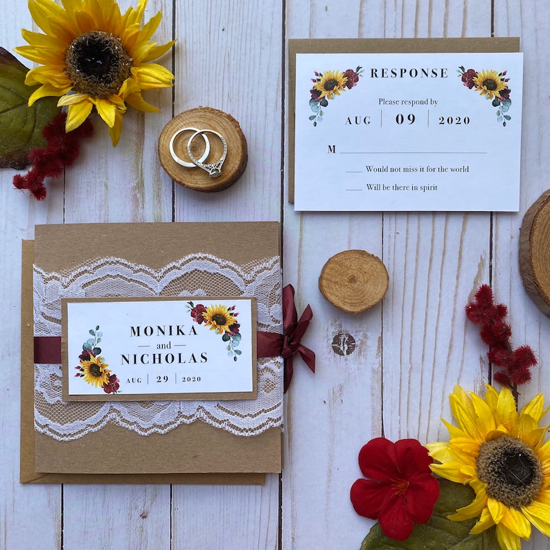 Rustic Sunflower & Lace Wedding Invitations image 7