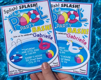 Splish Splash it is a Pool Party Bash, Pool Party Invitation, Summer Birthday Party, Swimming Party