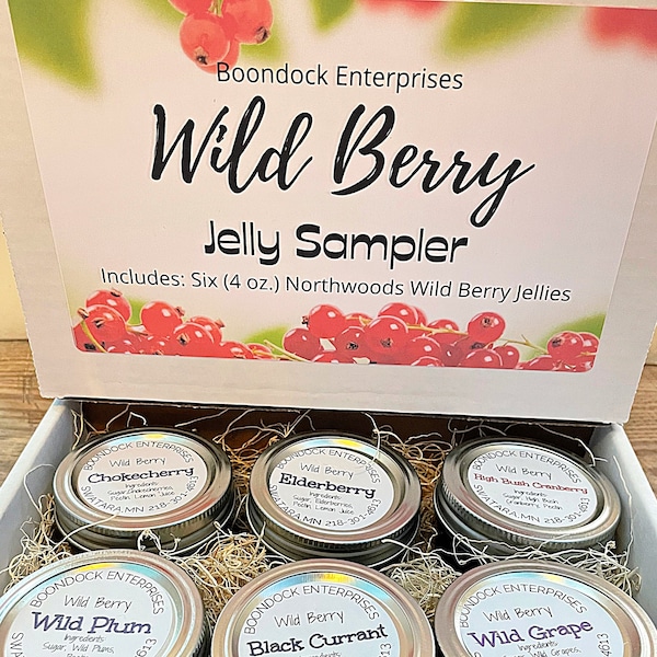 Wild Crafted Jelly Gift Box - Six (4 oz) Jars of Assorted Wild Berry Flavors in a Sampler Box