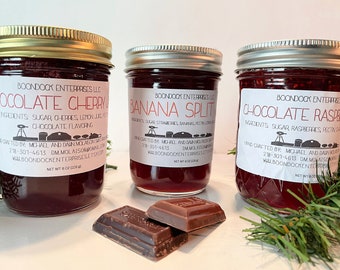 3 Jars of Chocolate Jam Flavors - Chocolate Cherry - Chocolate Raspberry - Banana Split - Unique Gourmet Jam from Our Farm to Your Table