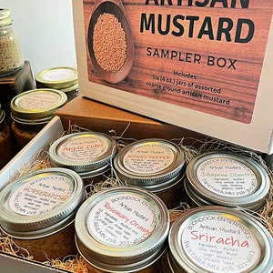 Artisan Mustard Sampler Box - Coarse Ground Mustard in Six (4 oz.)Jars of Assorted Flavors  - Gourmet Mustard for Charcuterie Board