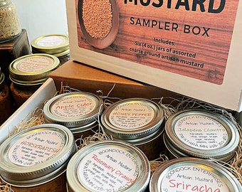 Artisan Mustard Sampler Box - Coarse Ground Mustard in Six (4 oz.)Jars of Assorted Flavors  - Gourmet Mustard for Charcuterie Board