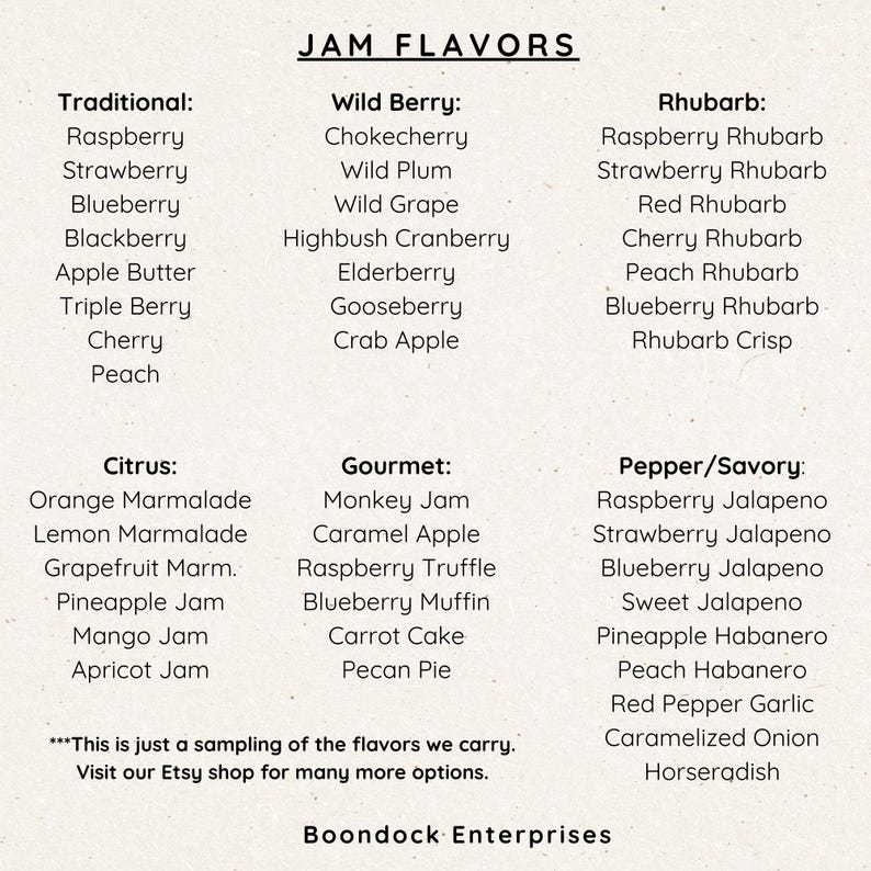 Puede incluir: Un letrero informativo blanco titulado JAM FLAVORS que enumera categor&iacute;as que incluyen Traditional, Wild Berry, Rhubarb, Citrus, Gourmet y Pepper/Savory con varios nombres de sabores de mermelada impresos en texto negro, terminando con Boondock Enterprises.