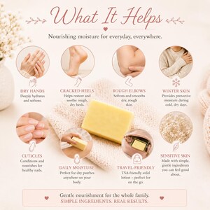 May include: A yellow solid lotion bar on a white cloth, with text describing its benefits for dry hands, cracked heels, rough elbows, winter skin, cuticles, daily moisture, travel, and sensitive skin. The text reads "What It Helps."