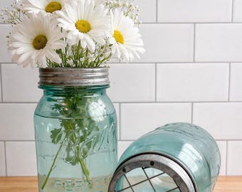 Antique Blue Ball Mason Jar Vase – Zinc Floral Frog Lid, Farmhouse Decor - Vintage Flower Vase
