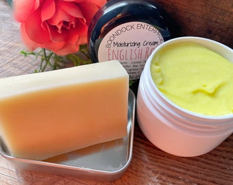 Rose Scented Moisturizing Cream plus Solid Lotion Bar - All Natural Body and Facial Hydrating Moisturizer - Suitable for All Skin Types