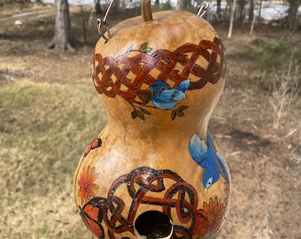 Hand-Burned Celtic Designed Birdhouse Gourd: Dyed Garden Art
