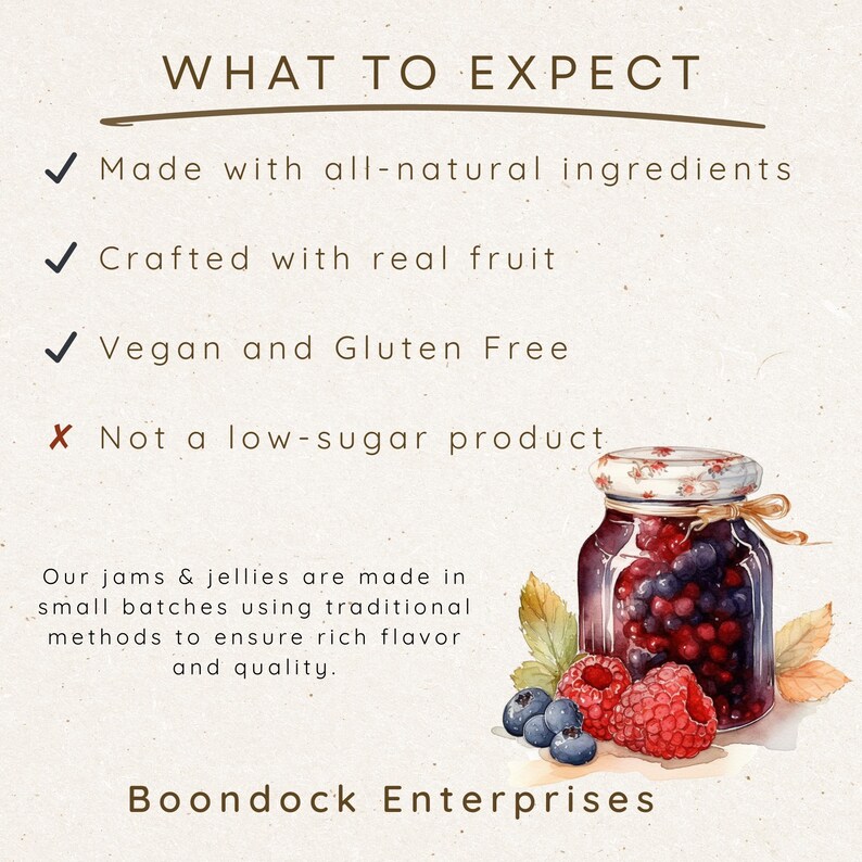 Puede incluir: Una infograf&iacute;a de producto titulada WHAT TO EXPECT que enumera caracter&iacute;sticas como ingredientes naturales, fruta real, vegano, sin gluten y no bajo en az&uacute;car. Incluye una ilustraci&oacute;n en acuarela de un frasco de vidrio con bayas y Boondock Enterprises.