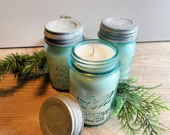 Hand Poured Soy Candle in Antique Blue Mason Jar with Zinc Lid - Lily of the Valley Scent - American Soy Wax - 16 oz Jar Candle