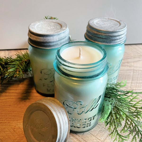 Hand Poured Soy Candle in Antique Blue Mason Jar with Zinc Lid - Lily of the Valley Scent - American Soy Wax - 16 oz Jar Candle