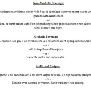 Op de afbeelding: Een zwart-wit tekstdocument met instructies voor het maken van alcoholische en alcoholvrije dranken met behulp van shrub-mixer. Het document bevat recepten voor een shrub-gebaseerde mimosa, een gin- en shrub-cocktail en een vinaigrette.
