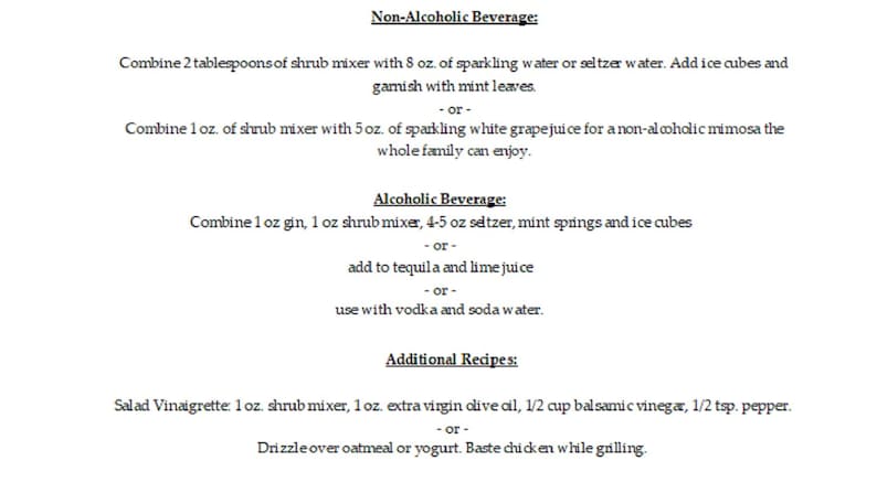 Op de afbeelding: Een zwart-wit tekstdocument met instructies voor het maken van alcoholische en alcoholvrije dranken met behulp van shrub-mixer. Het document bevat recepten voor een shrub-gebaseerde mimosa, een gin- en shrub-cocktail en een vinaigrette.