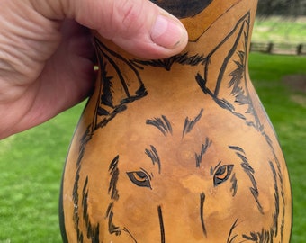 Large Gourd with Wolf Head, Feathers, Paw Prints and Grapevine Heart- Wood Burning and Gourd Dyes Used - Perfect Gift for Wolf Nature Lover
