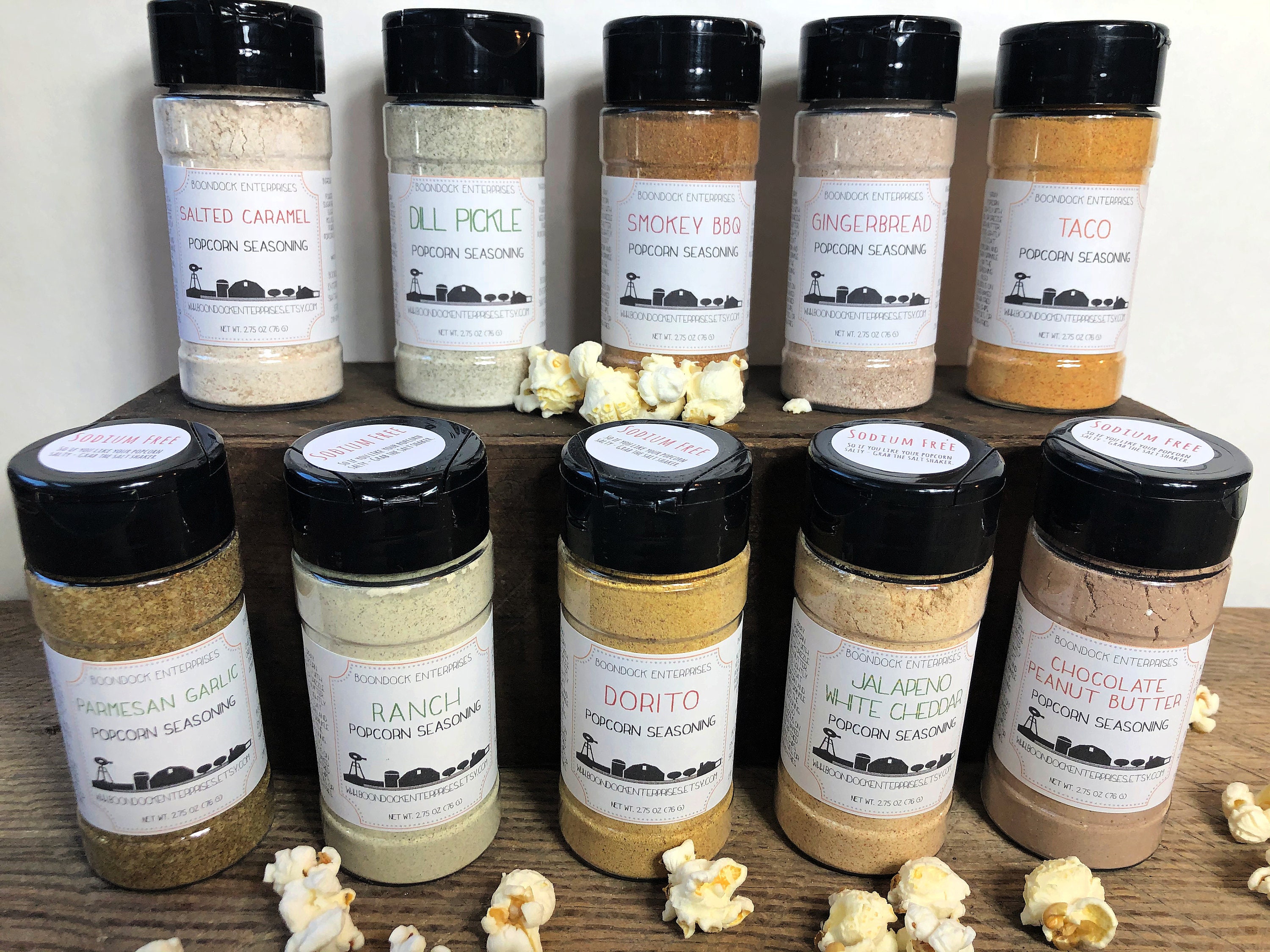 Complete Set of Popcorn Seasoning Blends - 10 Different Flavors- Popcorn Mix - Party Popcorn Bar - Sodium Gluten Free - Boondock Enterprises