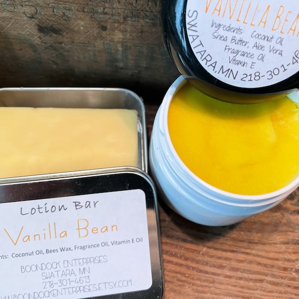 Vanilla Bean Moisturizing Cream plus Solid Lotion Bar - All Natural Body and Facial Hydrating Moisturizer - Suitable for All Skin Types