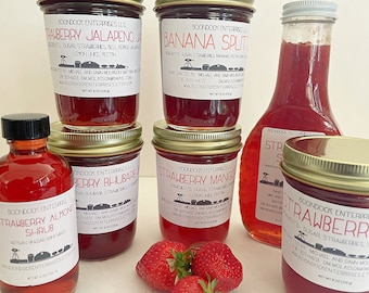 Strawberry Lovers Package - Strawberry Syrup, Strawberry Almond Shrub and 5 Different Strawberry Jams - Pure Homemade Farm to Table Jam