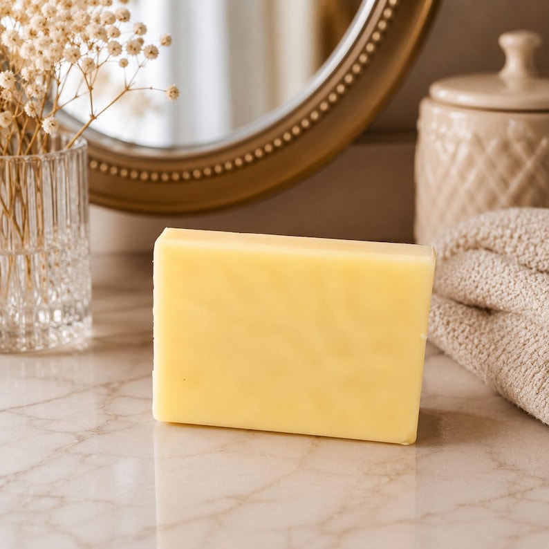 May include: A rectangular bar of yellow soap sits on a marble surface. The soap is the focal point, with a clear glass vase of dried flowers, a decorative jar, a mirror, and a folded towel in the background. The scene suggests a spa or bathroom setting.