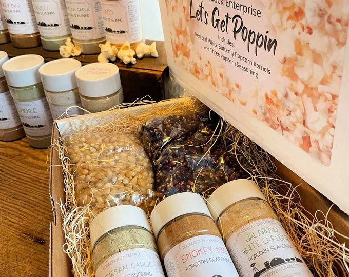 Gourmet Popcorn Seasoning Gift Set with Red and White Butterfly Popcorn Kernels - Customize with Your Choice of 3 Flavored Popcorn Mixes