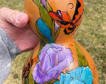 Birdhouse Gourd with Purple and Turquoise Gladiolas Flower Design - Perfect Gift for the Gardener, Nature or Bird Lover - Cured Dried Gourd