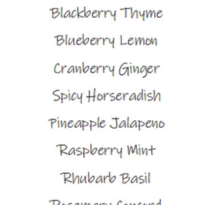 Op de afbeelding: Een lijst met shrub-smaken, waaronder appel-dragon, braambes-tijm, bosbes-citroen, cranberry-gember, pittige mierikswortel, ananas-jalape&ntilde;o, framboos-munt, rabarber-basilicum, rozemarijn-concord en aardbei-peper.