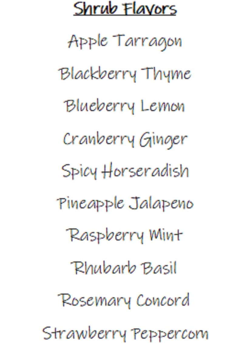 Op de afbeelding: Een lijst met shrub-smaken, waaronder appel-dragon, braambes-tijm, bosbes-citroen, cranberry-gember, pittige mierikswortel, ananas-jalape&ntilde;o, framboos-munt, rabarber-basilicum, rozemarijn-concord en aardbei-peper.
