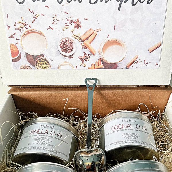 Chai Tea Sampler Gift Box - Includes 4 Flavors of Chai Tea -  Original, Vanilla, Chocolate, Pumpkin Pie Spice Flavors - Indian Chai Blends