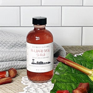 Rhubarb Basil Fruit Shrub - Herbal Infused Drinking Vinegar - Cocktail Mixer and Non Alcoholic Drink Mixer