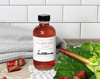 Rhubarb Basil Fruit Shrub - Herbal Infused Drinking Vinegar - Cocktail Mixer and Non Alcoholic Drink Mixer