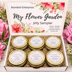 Flower Garden Jelly Sampler – Six 4 oz. Jars - Floral Jams Gift Set - Tea Party Favor - Garden Lover Food Gift