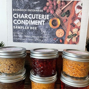 Charcuterie Condiment Sampler Box - Six (4 oz) Jars of Assorted Homemade Jelly and Coarse Ground Mustard