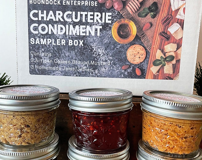 Charcuterie Condiment Sampler Box - Six (4 oz) Jars of Assorted Homemade Jelly and Coarse Ground Mustard