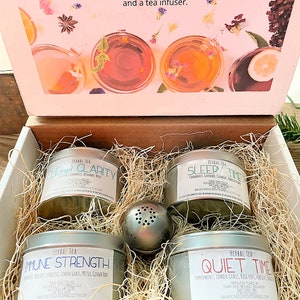 Herbal Tea Sampler Box - Your Choice of 4 Herb Loose Leaf Tea Blends with Tea Infuser - Tea Lover&#39;s Gift Box