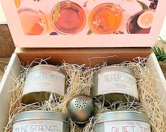 Herbal Tea Sampler Box - Your Choice of 4 Herb Loose Leaf Tea Blends with Tea Infuser - Tea Lover's Gift Box