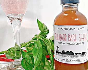 Rhubarb Basil Shrub - Herbal Infused Drinking Vinegar - Cocktail Mixer and Non Alcoholic Drink Mixer