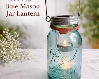 Antique Blue Ball Mason Jar Lantern | Vintage Quart Mason Jar Hanging Light