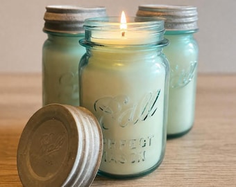Hand Poured Soy Candle - Antique 16 oz. Blue Mason Jar with Zinc Lid