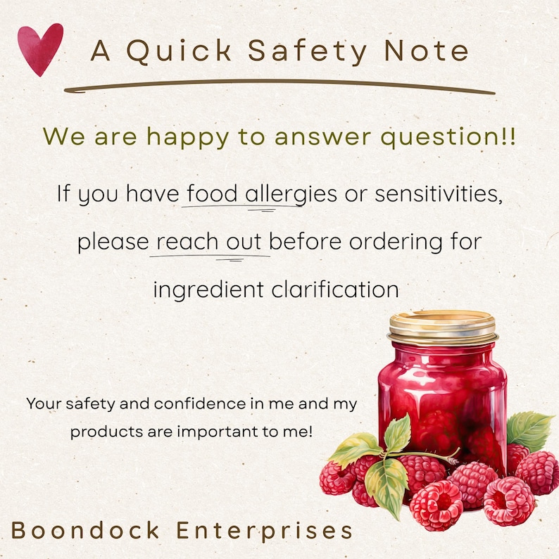Puede incluir: Un gr&aacute;fico con un icono de coraz&oacute;n rojo y el t&iacute;tulo A Quick Safety Note. Aconseja a los clientes contactar en caso de alergias o sensibilidades alimentarias antes de realizar un pedido. Un frasco de mermelada roja junto a frambuesas y hojas.