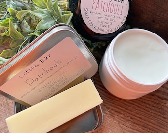 Patchouli Scented Moisturizing Cream plus Solid Lotion Bar - All Natural Body and Facial Hydrating Moisturizer - Suitable for All Skin Types