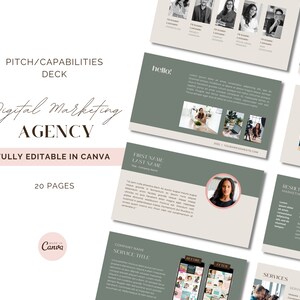 May include: A digital marketing agency pitch deck template with a green and beige color scheme. The template is fully editable in Canva and includes 20 pages. The text "Digital Marketing Agency" is featured in a large, bold font. The template includes a variety of slides, including a "hello!" slide, a "first name last name" slide, a "results-based marketing solutions" slide, and a "services" slide.