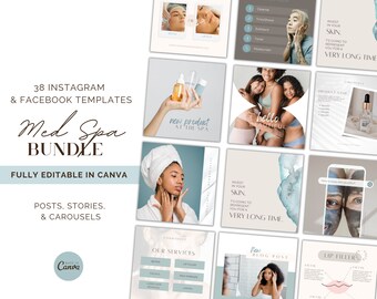 Könnte beinhalten: Eine Sammlung von 38 Instagram- und Facebook-Vorlagen für ein Med Spa-Unternehmen. Die Vorlagen sind vollständig in Canva bearbeitbar und umfassen Beiträge, Stories und Karussells. Die Vorlagen zeigen Bilder von Personen, die Spa-Behandlungen erhalten, Produkte und Textüberlagerungen.