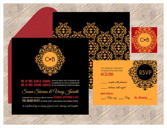 Luxurious Monogram Indian Wedding Invitation Black Gold Etsy