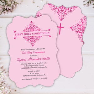 PRINTED INVITATIONS Parisian Frame Damask Communion Invitations in Pink