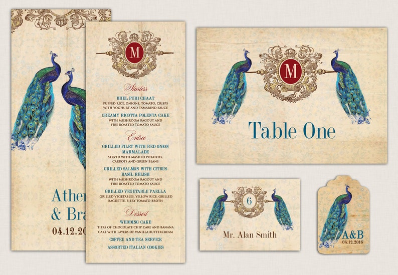 An Elegant Peacock Ensemble - Menu Cards, Table Cards and Escort Cards for Weddings, Showers and Parties | Digital Ensemble also Available 